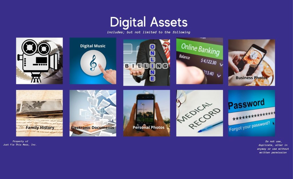 Digital Assets, video camera, digital music, digital billing, online banking, family history, electronic documents, personal photos, business photos, medical records, online passwords
