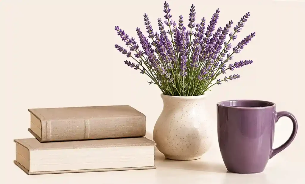 Stack of books, a vase with purple flowers and a coffee cup on a table.